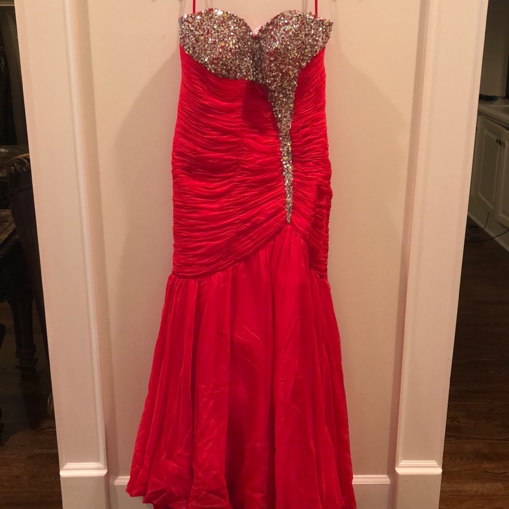 Mac Duggal Red Mermaid Dress with Sequins and Corset Back